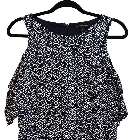 Banana Republic Navy Blue Printed Cold Shoulder Shift Midi Dress Size 4 - Picture 2 of 9